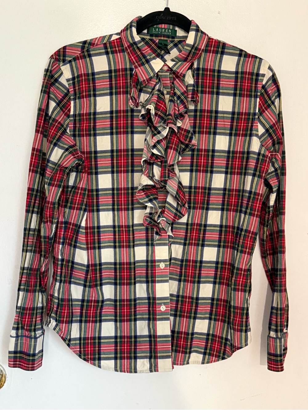 Lauren Ralph Lauren Plaid Ruffle Front Long Sleeve Button-Down Shirt